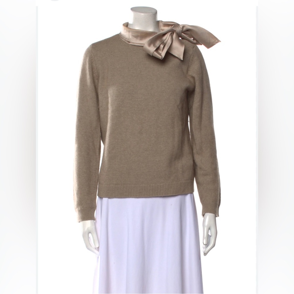 TORY BURCH wool silk blend Elegant Tan Sweater with Bow Accent size XS